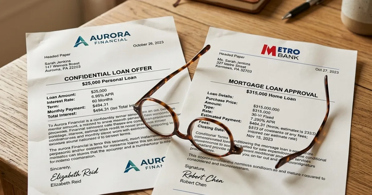 Two different bank loan offer letters side-by-side on a desk with a pair of reading glasses resting on them.